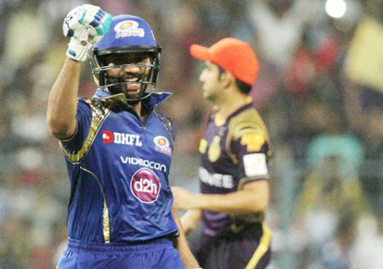 Rohit Sharma celebrated victory after scoring unbeaten 84 runs against KKR at Kolkata on Wednesday.