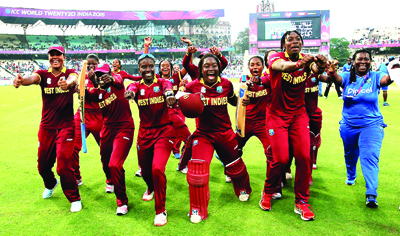 West Indies Women do the "Champions" dance, after defeating Austrialia in Women's World T20, final at Kolkata.