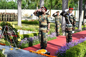 Senior Army officers paying homage to martyrs on Raising Day function of Cross Swords Division at Akhnoor on Friday. Senior Army officers paying homage to martyrs on Raising Day function of Cross Swords Division at Akhnoor on Friday.