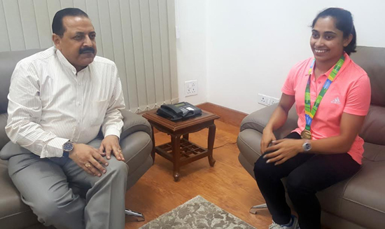 Dipa Karmakar, the 22 year old Tripura girl, who has achieved the distinction of becoming the first - ever female Indian Gymnast to qualify for Olympics, calling on Union Minister Dr Jitendra Singh at New Delhi. Dipa Karmakar, the 22 year old Tripura girl, who has achieved the distinction of becoming the first - ever female Indian Gymnast to qualify for Olympics, calling on Union Minister Dr Jitendra Singh at New Delhi.