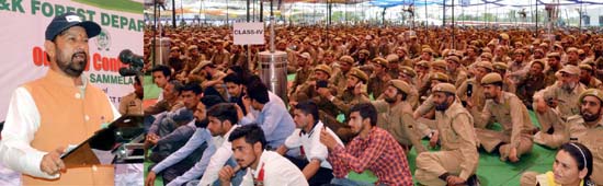 Minister for Forests, Chowdhary Lal Singh addressing a gathering of officials at Forest Guard Training School, Doomi on Monday. Minister for Forests, Chowdhary Lal Singh addressing a gathering of officials at Forest Guard Training School, Doomi on Monday.