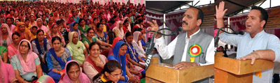 Ministers Abdul Haq Khan and Sunil Sharma addressing women gathering at Bishnah on Thursday. Ministers Abdul Haq Khan and Sunil Sharma addressing women gathering at Bishnah on Thursday.