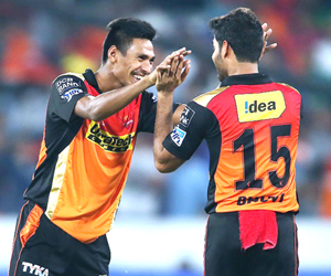 Mustafizur Rahman and Bhuvneshwar Kumar celebrating wickets against Gujarat Lions in IPL match at Hyderabad on Friday. Mustafizur Rahman and Bhuvneshwar Kumar celebrating wickets against Gujarat Lions in IPL match at Hyderabad on Friday.