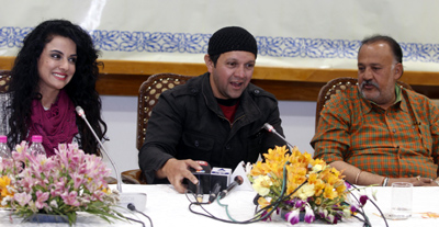 Veteran Bollywood actor Alok Nath along with Producer Imran Khan and Actress Sara Afreen Khan addressing a press conference at SKICC in Srinagar on Wednesday. Veteran Bollywood actor Alok Nath along with Producer Imran Khan and Actress Sara Afreen Khan addressing a press conference at SKICC in Srinagar on Wednesday.