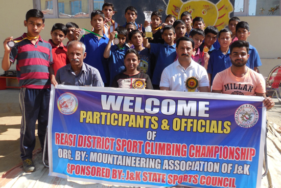 Winners of Reasi District Sport Climbing Competition posing for a group at Sprawling Buds School in Jammu on Saturday. Winners of Reasi District Sport Climbing Competition posing for a group at Sprawling Buds School in Jammu on Saturday.