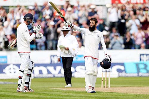 Moeen Ali celebrating his century against Sri Lanka during 2nd Test match on Saturday. Moeen Ali celebrating his century against Sri Lanka during 2nd Test match on Saturday.