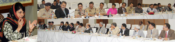 Chief Minister Mehbooba Mufti presiding over a meeting on traffic awareness in Srinagr on Friday. Chief Minister Mehbooba Mufti presiding over a meeting on traffic awareness in Srinagr on Friday.