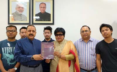 Union Minister Dr Jitendra Singh receiving a catalogue and memorandum from a delegation of social and civil society activists from Manipur, led by Indira Oinam, at New Delhi. Union Minister Dr Jitendra Singh receiving a catalogue and memorandum from a delegation of social and civil society activists from Manipur, led by Indira Oinam, at New Delhi.