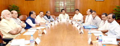 Prime Minister Narendra Modi reviewing Telangana drought situation at a high level meeting at New Delhi on Tuesday. Also seen are Chief Minister of Telangana, K. Chandrashekar Rao and Union Ministers Rajnath Singh, Radha Mohan Singh and Dr Jitendra Singh. Prime Minister Narendra Modi reviewing Telangana drought situation at a high level meeting at New Delhi on Tuesday. Also seen are Chief Minister of Telangana, K. Chandrashekar Rao and Union Ministers Rajnath Singh, Radha Mohan Singh and Dr Jitendra Singh.