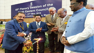 Union DoNER Minister Dr Jitendra Singh, flanked by Governors and Chief Ministers of North Eastern States, lighting the traditional lamp to formally inaugurate the two-day 65th Plenary meeting of North Eastern Council, at Shillong on Thursday. Union DoNER Minister Dr Jitendra Singh, flanked by Governors and Chief Ministers of North Eastern States, lighting the traditional lamp to formally inaugurate the two-day 65th Plenary meeting of North Eastern Council, at Shillong on Thursday.