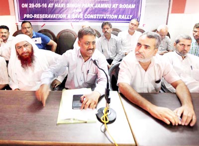 President Confederation of SC/ST/OBC Organisations R K Kalsotra addressing press conference in Jammu. --Excelsior/ Rakesh President Confederation of SC/ST/OBC Organisations R K Kalsotra addressing press conference in Jammu. --Excelsior/ Rakesh