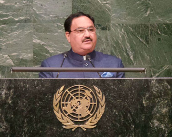 Union Minister for Health & Family Welfare, J.P. Nadda addressing the UNGA High Level Meeting on HIV/AIDS, in New York on Thursday. Union Minister for Health & Family Welfare, J.P. Nadda addressing the UNGA High Level Meeting on HIV/AIDS, in New York on Thursday.