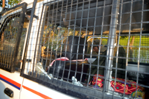 A police vehicle damaged in a militant attack at Bonagam in Anantnag district on Sunday. — Excelsior/Sajad Dar A police vehicle damaged in a militant attack at Bonagam in Anantnag district on Sunday. — Excelsior/Sajad Dar