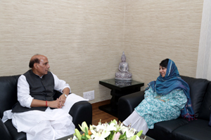Chief Minister Mehbooba Mufti in a meeting with Union Home Minister Rajnath Singh in New Delhi on Thursday. Chief Minister Mehbooba Mufti in a meeting with Union Home Minister Rajnath Singh in New Delhi on Thursday.