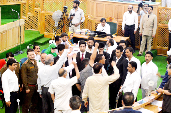Pandemonium in Assembly over demand for restoration of reservation in promotions on Tuesday.-Excelsior/Shakeel-ul-Rehman Pandemonium in Assembly over demand for restoration of reservation in promotions on Tuesday.-Excelsior/Shakeel-ul-Rehman