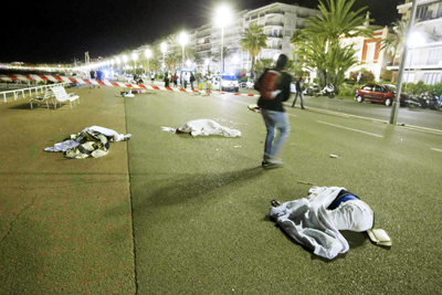 Bodies are seen on the ground after at least 84 people were killed in Nice, France. Bodies are seen on the ground after at least 84 people were killed in Nice, France.