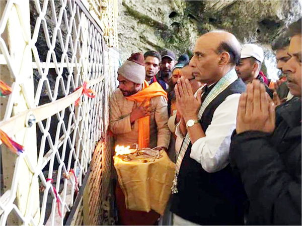 Union Home Minister Rajnath Singh pays obeisance at Shri Amarnath Ji cave shrine on Saturday. Union Home Minister Rajnath Singh pays obeisance at Shri Amarnath Ji cave shrine on Saturday.