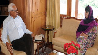 Governor N N Vohra and Chief Minister Mehbooba Mufti in a meeting at Raj Bhavan in Srinagar on Tuesday. Governor N N Vohra and Chief Minister Mehbooba Mufti in a meeting at Raj Bhavan in Srinagar on Tuesday.