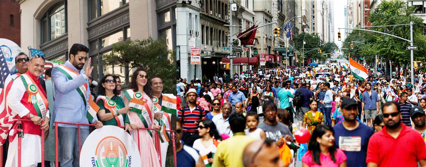 Abhishek Bachchan, the Grand Marshall for the parade, waves to the crowd. Photograph: Deepak Ghadiali Abhishek Bachchan, the Grand Marshall for the parade, waves to the crowd. Photograph: Deepak Ghadiali