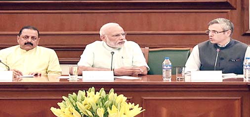 Prime Minister Narendra Modi, MoS in PMO Dr Jitendra Singh and NC leader Omar Abdullah in a meeting at PMO on Monday. Prime Minister Narendra Modi, MoS in PMO Dr Jitendra Singh and NC leader Omar Abdullah in a meeting at PMO on Monday.