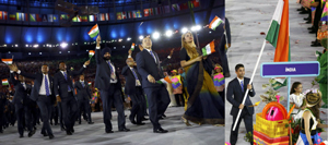 Athletes from India enter the stadium during opening ceremony of 2016 Rio Olympics at Maracana (left) Flagbearer Abhinav Bindra of India leads his contingent during the opening ceremony of 2016 Rio Olympics (right). Athletes from India enter the stadium during opening ceremony of 2016 Rio Olympics at Maracana (left) Flagbearer Abhinav Bindra of India leads his contingent during the opening ceremony of 2016 Rio Olympics (right).