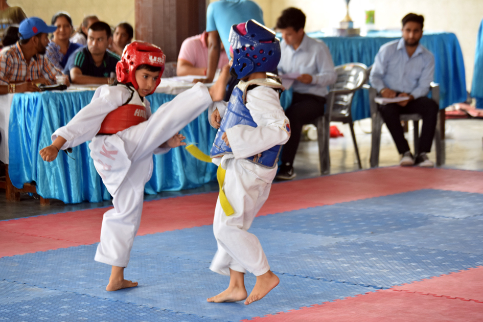 Players in action during a Taekwondo match. Players in action during a Taekwondo match.