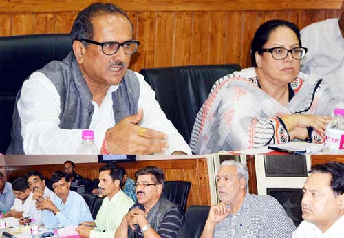 Deputy Chief Minister, Dr Nirmal Singh alongwith MoS H&UD, Asiea Naqash speaking in a meeting on Thursday. Deputy Chief Minister, Dr Nirmal Singh alongwith MoS H&UD, Asiea Naqash speaking in a meeting on Thursday.