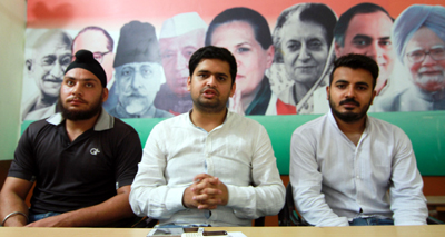 NSUI leaders addressing a press conference at Congress headquarters in Jammu on Sunday. NSUI leaders addressing a press conference at Congress headquarters in Jammu on Sunday.