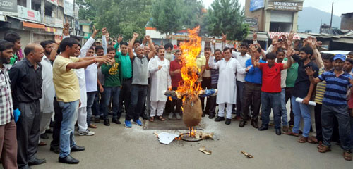 JKNPP activists torching an effigy of BJP during protest at Udhampur on Monday. JKNPP activists torching an effigy of BJP during protest at Udhampur on Monday.