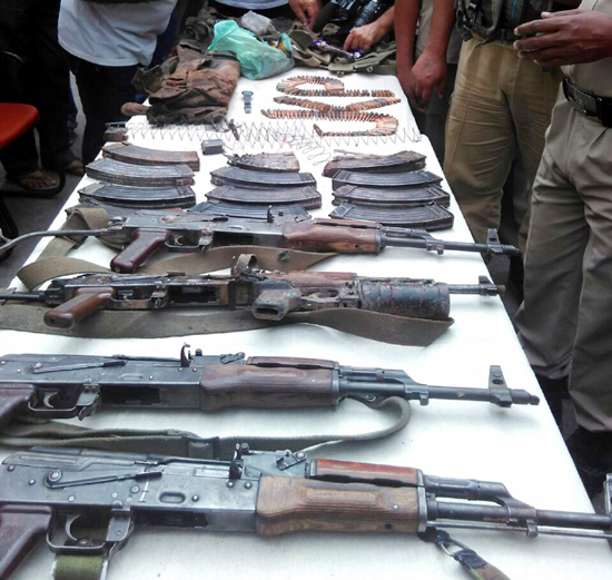 Arms and ammunition recovered from slain militants displayed outside Poonch police station on Wednesday. -Excelsior/ Harbhajan Arms and ammunition recovered from slain militants displayed outside Poonch police station on Wednesday. -Excelsior/ Harbhajan