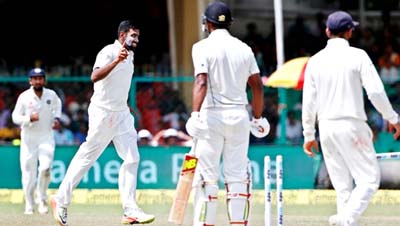 Ravichandran Ashwin celebrates after claiming the wicket of New Zealand's Ish Sodhi on the fifth day of their first cricket test match at Green Park Stadium in Kanpur on Monday. Ravichandran Ashwin celebrates after claiming the wicket of New Zealand's Ish Sodhi on the fifth day of their first cricket test match at Green Park Stadium in Kanpur on Monday.