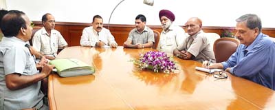 Union Minister Dr Jitendra Singh at a meeting with a delegation of West Pakistan refugees, led by its President Labha Ram Gandhi, at New Delhi on Monday. Union Minister Dr Jitendra Singh at a meeting with a delegation of West Pakistan refugees, led by its President Labha Ram Gandhi, at New Delhi on Monday.