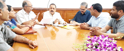 Union Minister Dr Jitendra Singh holding a meeting with political activists from Chenani led by local MLA Dina Nath Bhagat, at New Delhi on Monday. Union Minister Dr Jitendra Singh holding a meeting with political activists from Chenani led by local MLA Dina Nath Bhagat, at New Delhi on Monday.