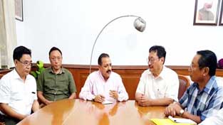 Union Minister Dr Jitendra Singh at a meeting with Nagaland State BJP office bearers led by the State President, Visasolie Lhoungu at New Delhi on Tuesday. Union Minister Dr Jitendra Singh at a meeting with Nagaland State BJP office bearers led by the State President, Visasolie Lhoungu at New Delhi on Tuesday.