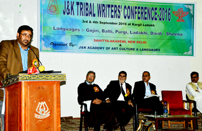 Chairman J&K Legislative Council, Haji Anayat Ali delivering inaugural address at Tribal Writers’ Conference at Kargil on Saturday. Chairman J&K Legislative Council, Haji Anayat Ali delivering inaugural address at Tribal Writers’ Conference at Kargil on Saturday.