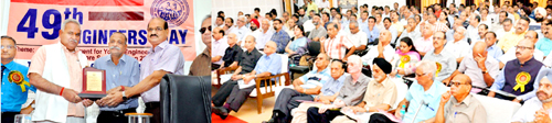 Minister for PHE, I&FC Sham Choudhary presenting an award during Engineers’ Day celebrations at IEI Jammu Centre on Thursday. Minister for PHE, I&FC Sham Choudhary presenting an award during Engineers’ Day celebrations at IEI Jammu Centre on Thursday.