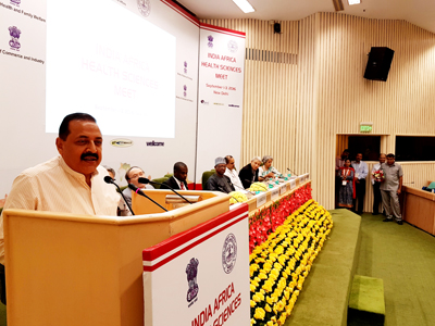 Union Minister Dr Jitendra Singh addressing the valedictory session of the 3-day India-Africa Health Sciences Meet, at Vigyan Bhawan, New Delhi on Saturday. Union Minister Dr Jitendra Singh addressing the valedictory session of the 3-day India-Africa Health Sciences Meet, at Vigyan Bhawan, New Delhi on Saturday.