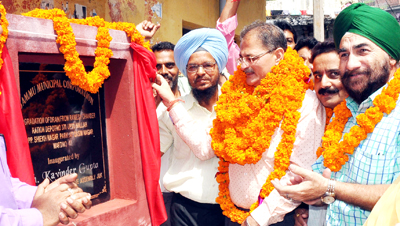 Speaker Legislative Assembly Kavinder Gupta laying foundation stone of deep drain works at Qasim Nagar on Friday. Speaker Legislative Assembly Kavinder Gupta laying foundation stone of deep drain works at Qasim Nagar on Friday.