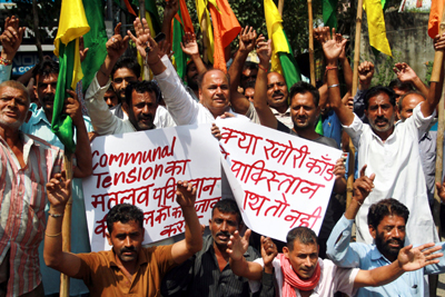 Activists of Dogra Front and Shiv Sena holding protest in Jammu on Saturday. Activists of Dogra Front and Shiv Sena holding protest in Jammu on Saturday.