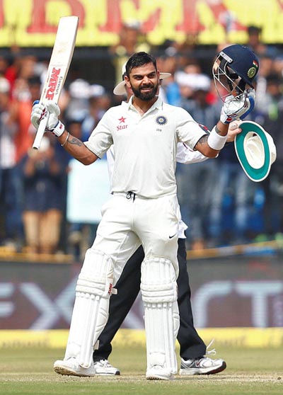 India's Virat Kohli celebrates his double century against New Zealand during Third Test cricket match, in Indore on Sunday. India's Virat Kohli celebrates his double century against New Zealand during Third Test cricket match, in Indore on Sunday.