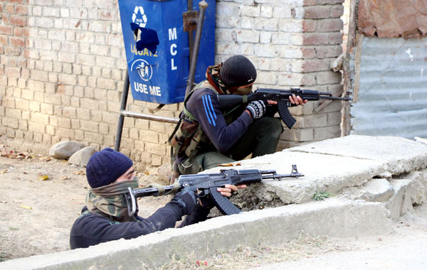 Security personnel in action during encounter at Langate, Kupwara on Thursday. Security personnel in action during encounter at Langate, Kupwara on Thursday.
