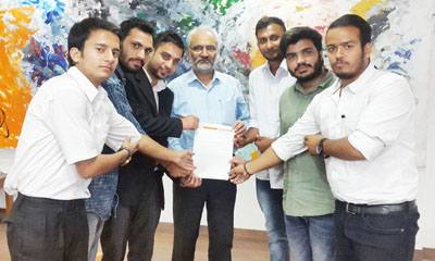 ABVP activists submitting a memorandum of demands to JU VC on Friday. ABVP activists submitting a memorandum of demands to JU VC on Friday.