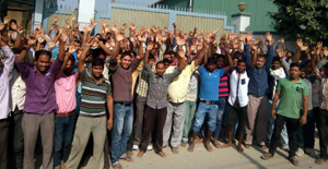 Workers of Insecticides Factory Samba holding a demonstration in front of factory gate on Tuesday. —Excelsior/Gautam Workers of Insecticides Factory Samba holding a demonstration in front of factory gate on Tuesday. —Excelsior/Gautam