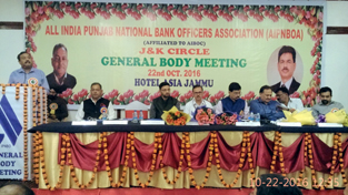 A speaker expressing his views during general body meeting of PNB Officers Association at Jammu on Saturday. A speaker expressing his views during general body meeting of PNB Officers Association at Jammu on Saturday.