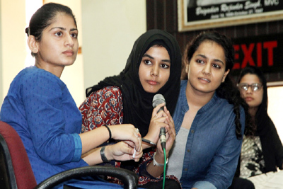 Team of students replying to a question during Quiz Contest under Display Your Talent at JU on Sunday. —Excelsior/Rakesh Team of students replying to a question during Quiz Contest under Display Your Talent at JU on Sunday. —Excelsior/Rakesh