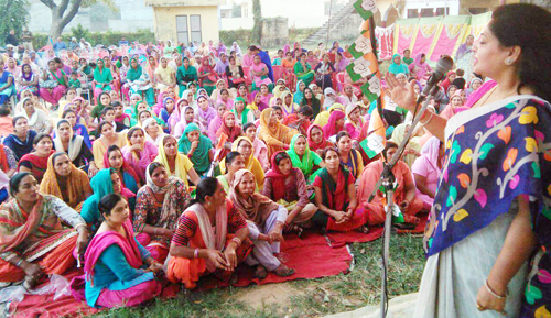 Congress leader Namrta Sharma addressing a public gathering in Bishnah. Congress leader Namrta Sharma addressing a public gathering in Bishnah.