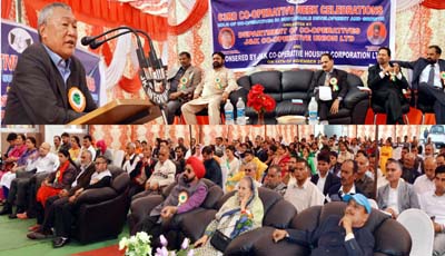 Minister for Cooperatives, Chering Dorjay speaking during 63rd cooperative week celebration at Jammu on Monday. Minister for Cooperatives, Chering Dorjay speaking during 63rd cooperative week celebration at Jammu on Monday.