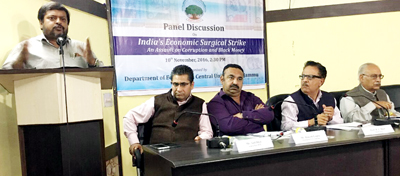 A speaker presenting his views during panel discussion held in Central University of Jammu. A speaker presenting his views during panel discussion held in Central University of Jammu.