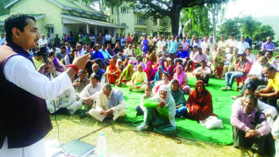 MLA Ramnagar, R S Pathania addressing a public meeting at Ramnagar. MLA Ramnagar, R S Pathania addressing a public meeting at Ramnagar.