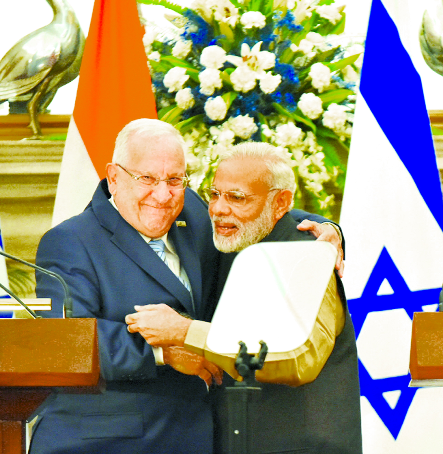 Prime Minister, Narendra Modi with President of Israel, Reuven Rivlin, at the joint press briefing at Hyderabad House in New Delhi on Tuesday. Prime Minister, Narendra Modi with President of Israel, Reuven Rivlin, at the joint press briefing at Hyderabad House in New Delhi on Tuesday.
